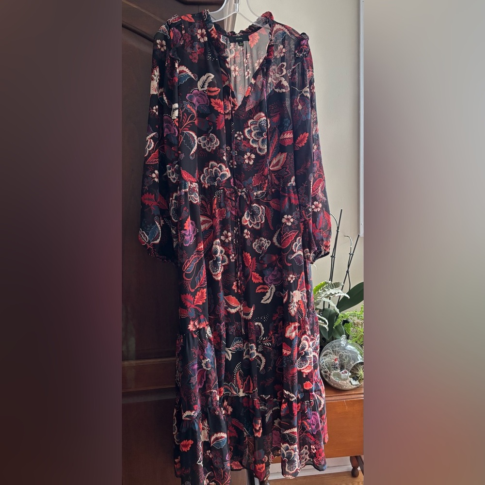🪴 MAIA 🪴 tiered RUFFLE long sleeve FLORAL maxi SIZE 14 black/orange/earth tone